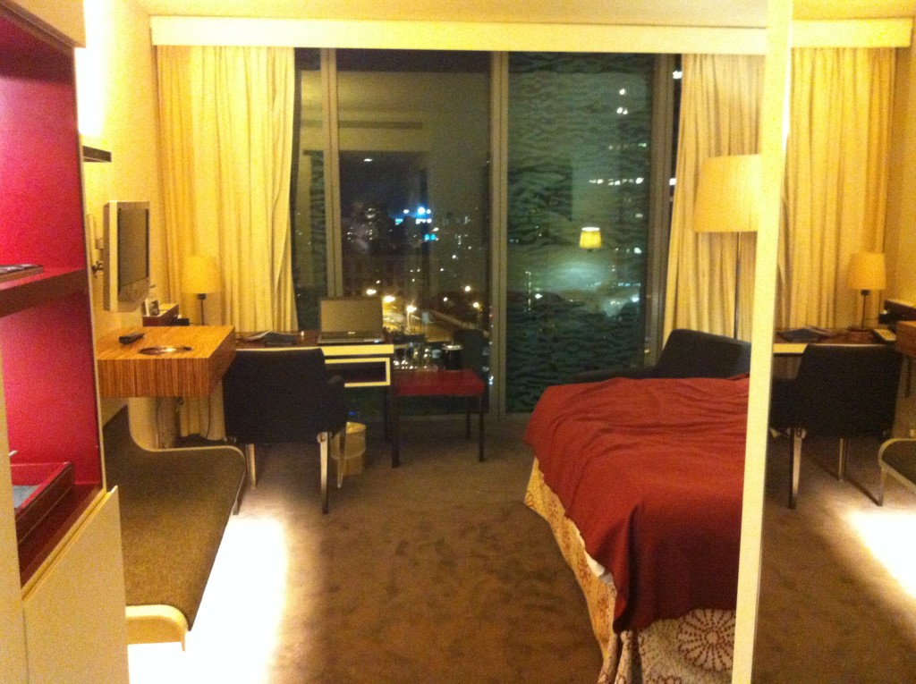 A hotel room shown at night. Click for full size.