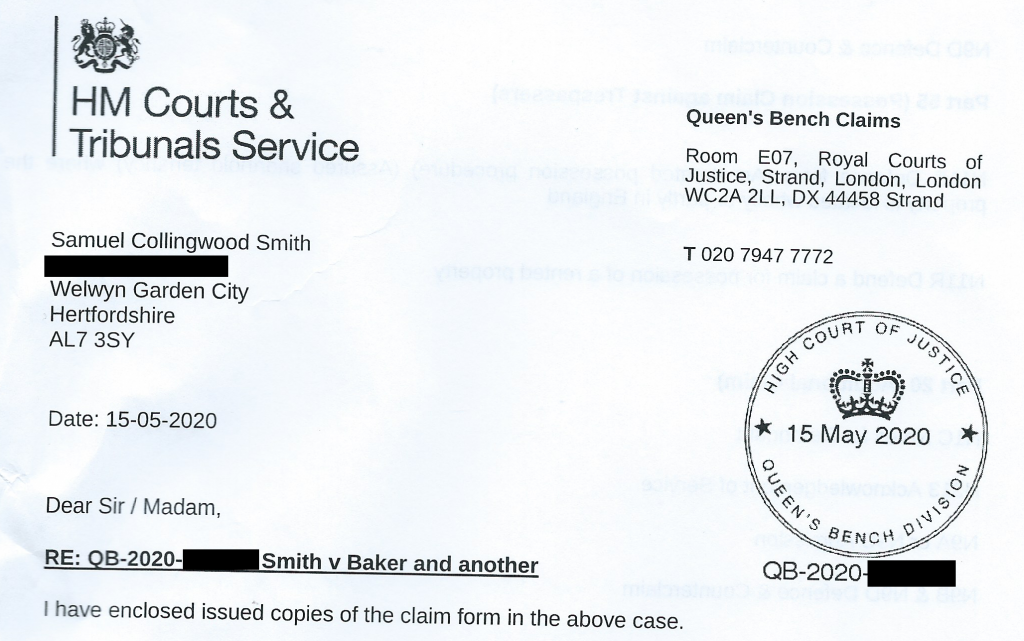 Image of the top of a letter from the court enclosing the issued claim forms