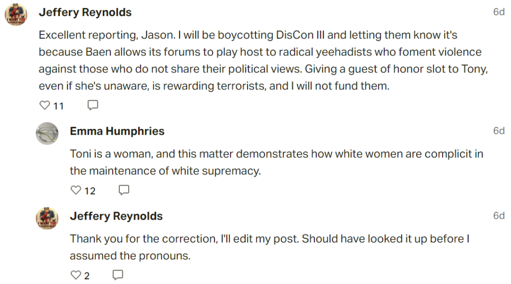 Screenshot of a commentor on Sanford's article misgendering Toni Weisskopf