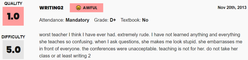 A screenshot of a student criticising Heather Urbanski on Rate My Professors