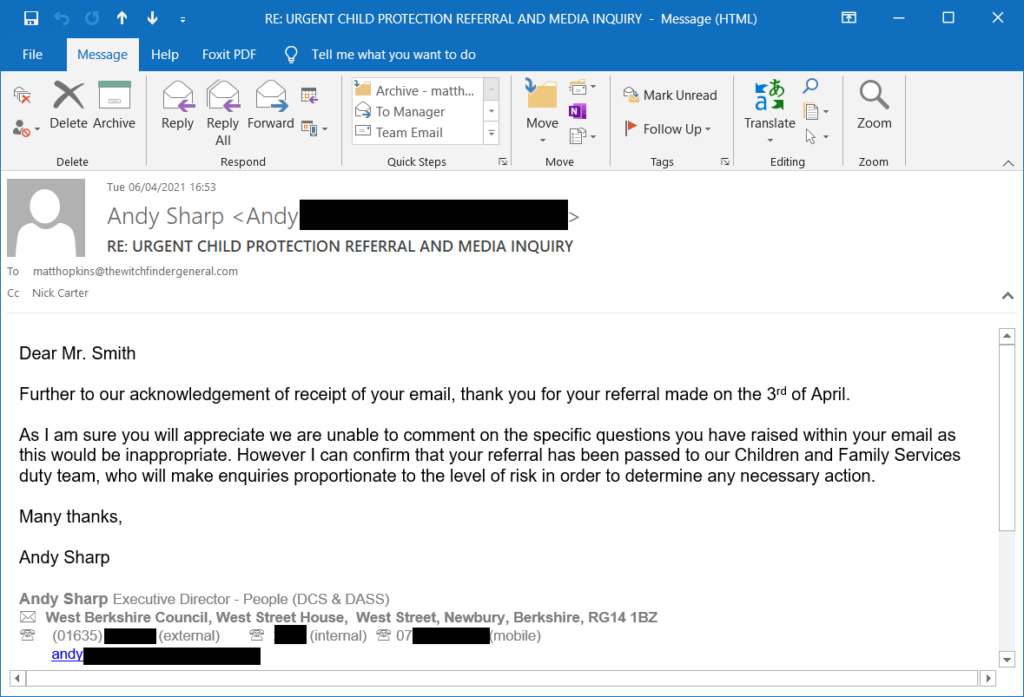 An email screenshot from Social Services confirming they are making enquiries.