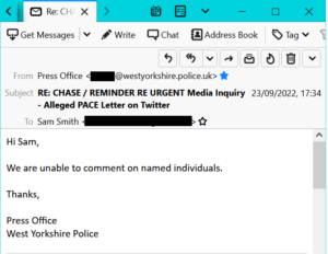 West Yorkshire Police refuse to comment on named individuals. Click for full size.