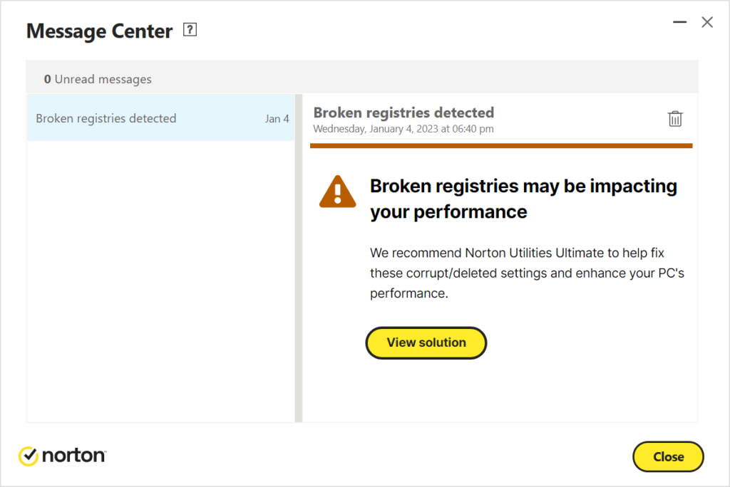 Norton's 'Message' 'Centre' recommends I buy another Norton product