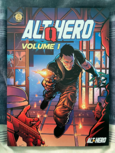 The cover of Alt-Hero: Q is gorgeous - glossy, shiny and in vivid colour.